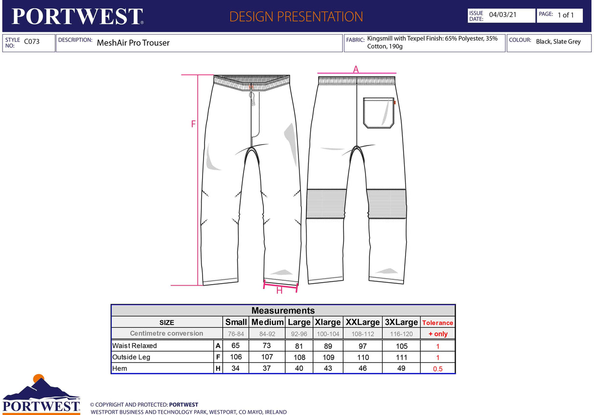 Панталон, C073 BKR MESH AIR PRO, от PORTWEST | РАБОТНО ОБЛЕКЛО