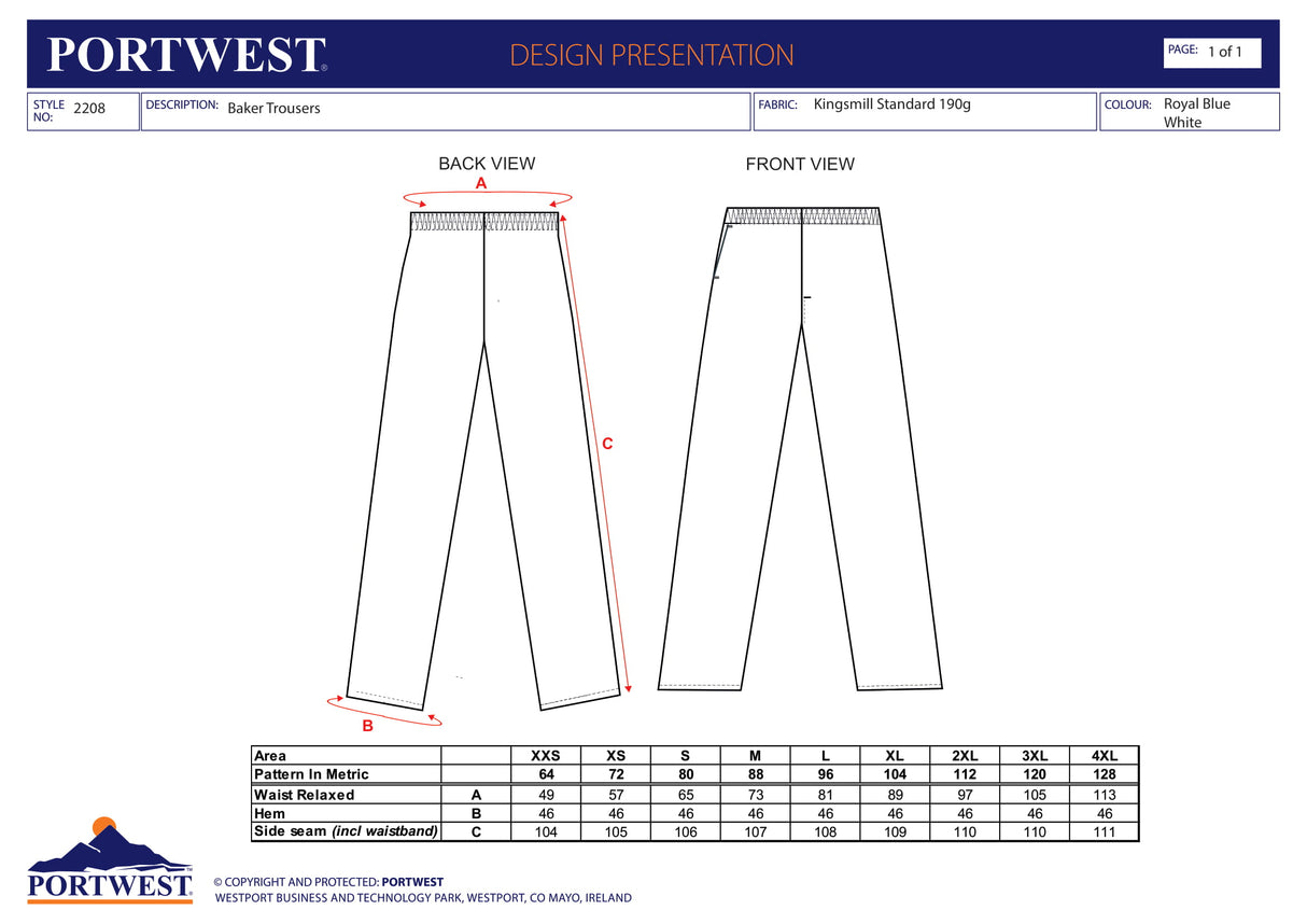 Панталон за пекари, 2208 WHR, от PORTWEST | Работно облекло