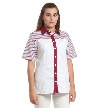 Дамска риза 48400 WHITE/BURGYNDI STRIPES, от WEITBLICK, къс ръкав | РАБОТНИ ОБЛЕКЛА от Mtex Professional