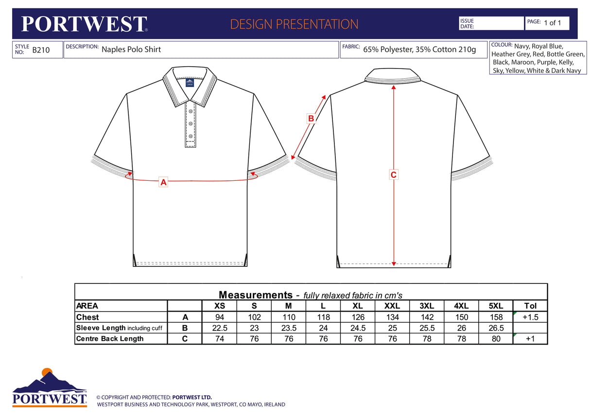 Блуза пике, B210 BKR NAPLES, от PORTWEST | РАБОТНО ОБЛЕКЛО