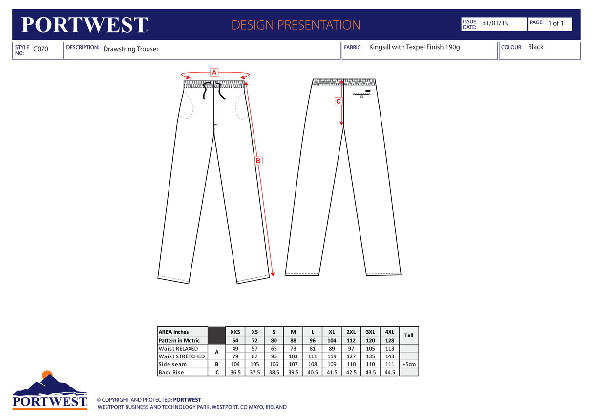 Унисекс панталон, C070 BKR, от PORTWEST, с пристягаща лента | Работно облекло