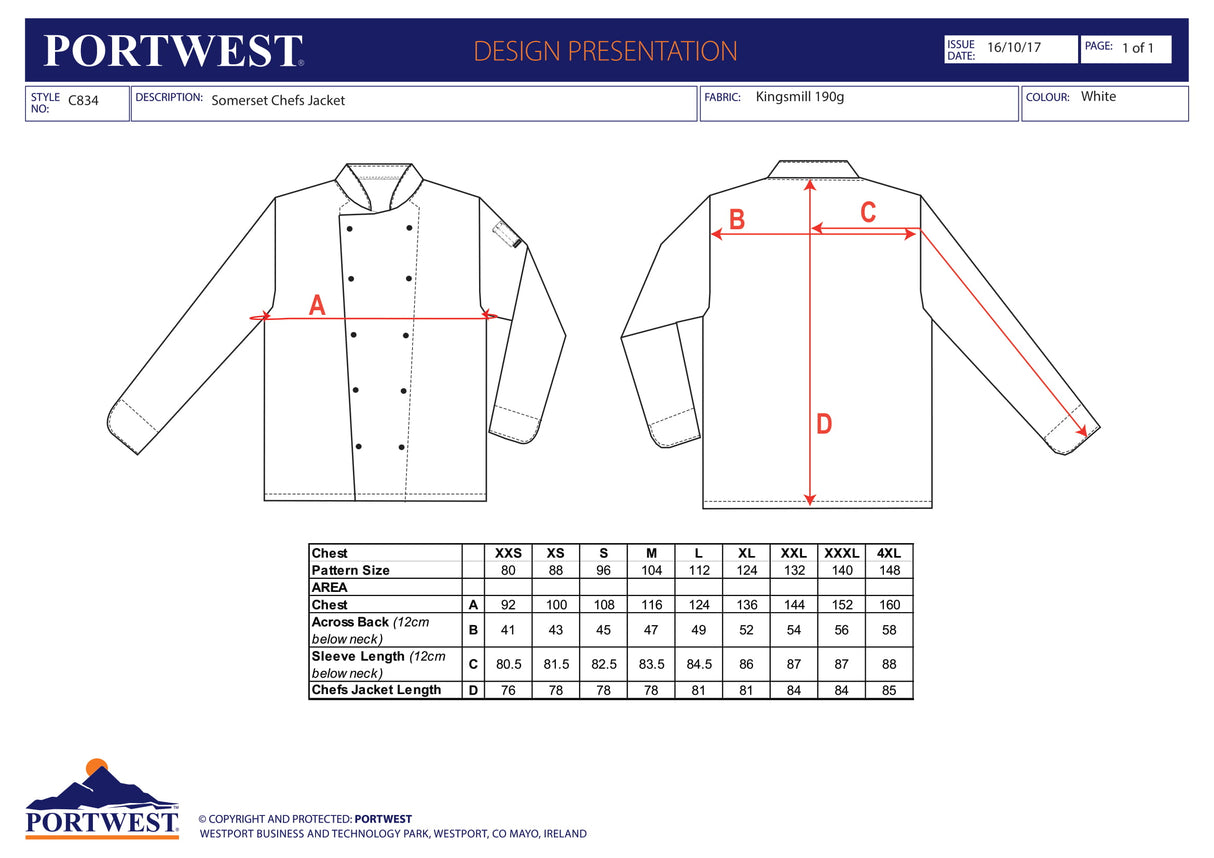 Унисекс яке, C834 WHR SOMERSET CHEFS, от PORTWEST | Работно облекло
