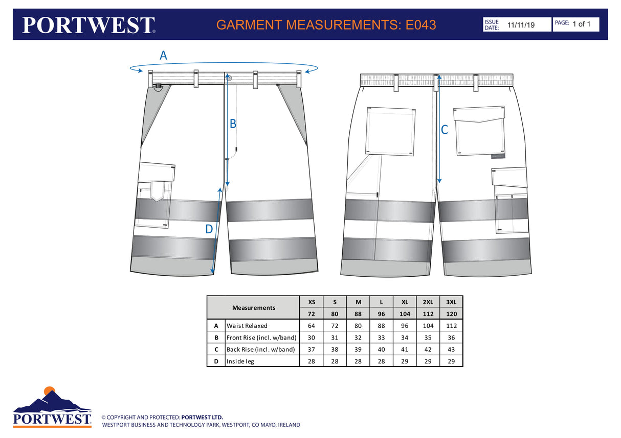 Къси панталони, E043 YGY HI-VIS, от PORTWEST | Работни облекла