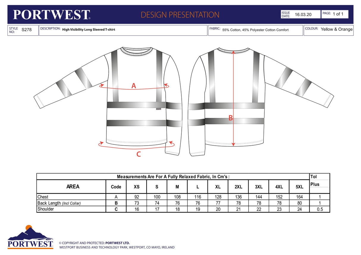 Тениска, S278 YER HI-VIS, от PORTWEST, с дълъг ръкав | Работни облекла