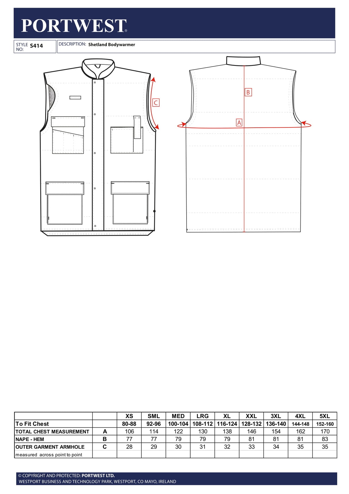 Ватиран елек S414 BKR SHETLAND от PORTWEST | Работно облекло