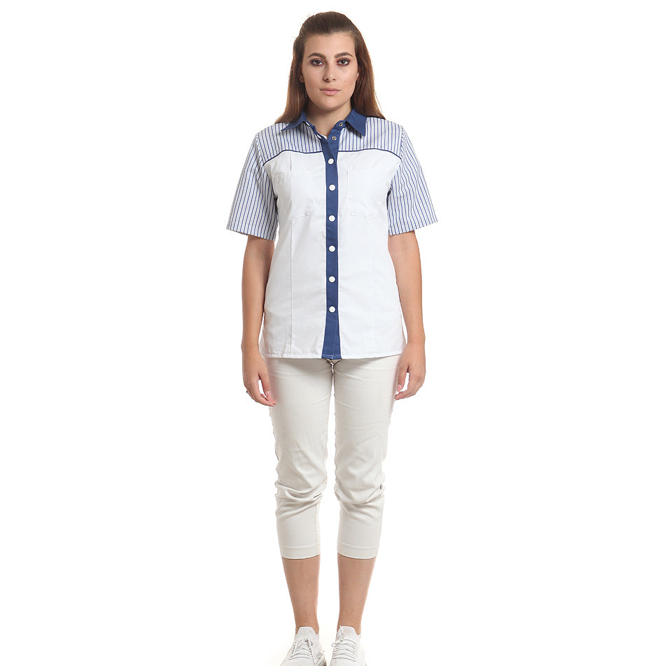 Дамска риза 48401 WHITE/NAVY STRIPES, от WEITBLICK, къс ръкав | РАБОТНИ ОБЛЕКЛА от Mtex Professional
