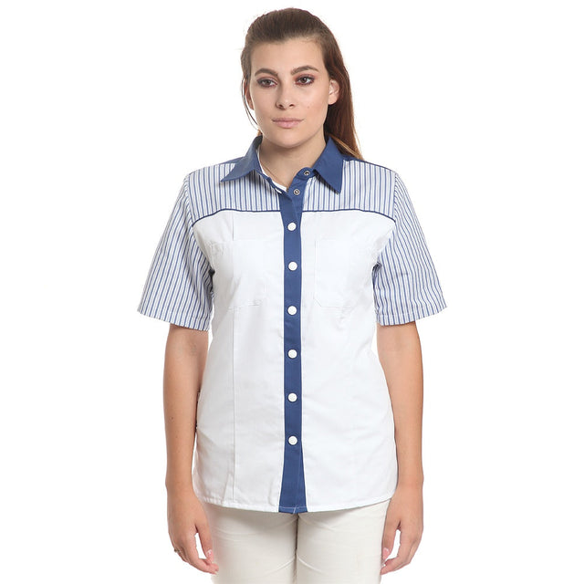 Дамска риза 48401 WHITE/NAVY STRIPES, от WEITBLICK, къс ръкав | РАБОТНИ ОБЛЕКЛА от Mtex Professional