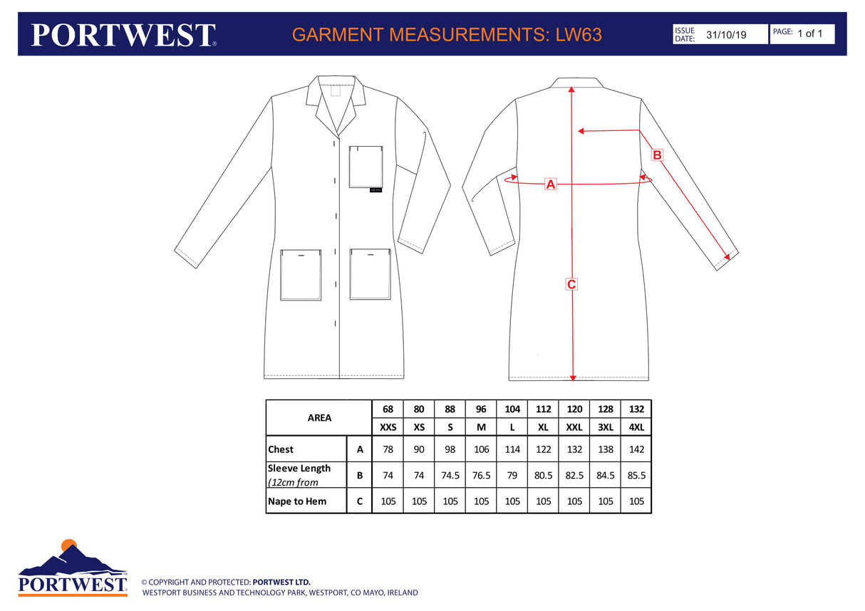Дамска медицинска престилка LW63 WHR от PORTWEST | Работно облекло