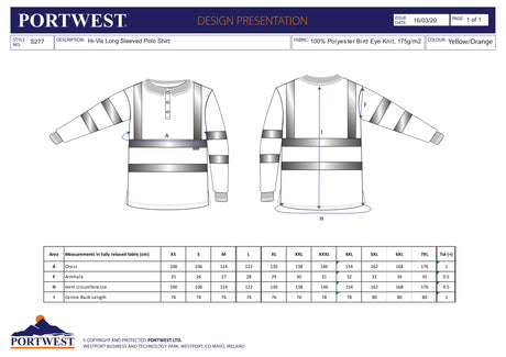 Блуза поло пике, S277 ORR HI-VIS, от PORTWEST, с дълъг ръкав | Работни облекла